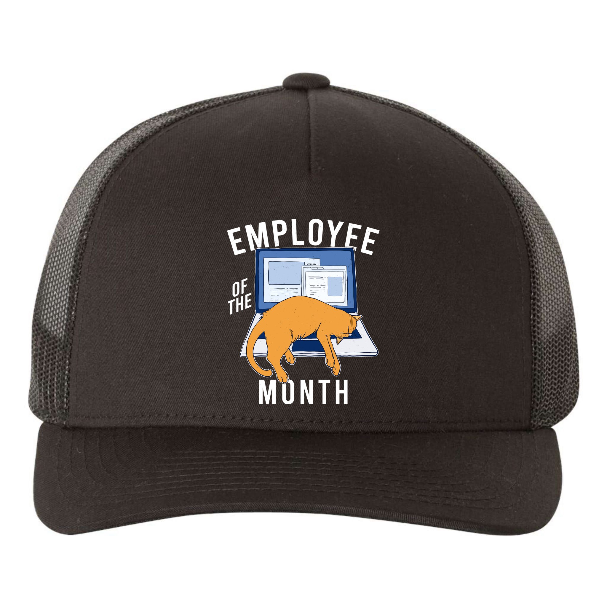 Funny Employee Of The Month Sleepy Cat Laptop Yupoong Adult 5-Panel Trucker Hat