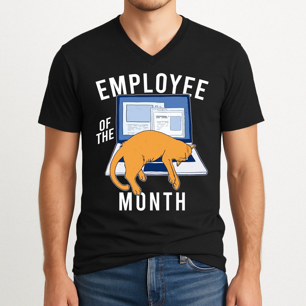 Funny Employee Of The Month Sleepy Cat Laptop V-Neck T-Shirt