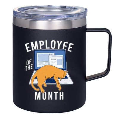 Funny Employee Of The Month Sleepy Cat Laptop 12oz Stainless Steel Coffee Mug