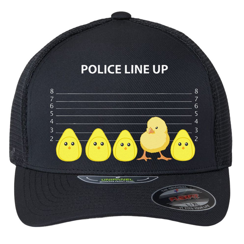 Funny Easter Police Line Up Chicks S Flexfit Unipanel Trucker Cap