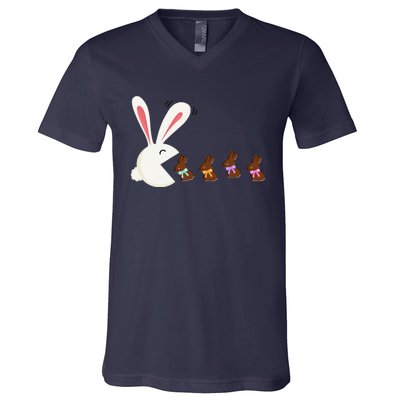 Funny Easter Rabbit Eating Chocolate Easter Bunnies Easter V-Neck T-Shirt