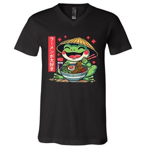 Frog Eating Ramen Kawaii Otaku Japanese Noodles Anime Lovers V-Neck T-Shirt