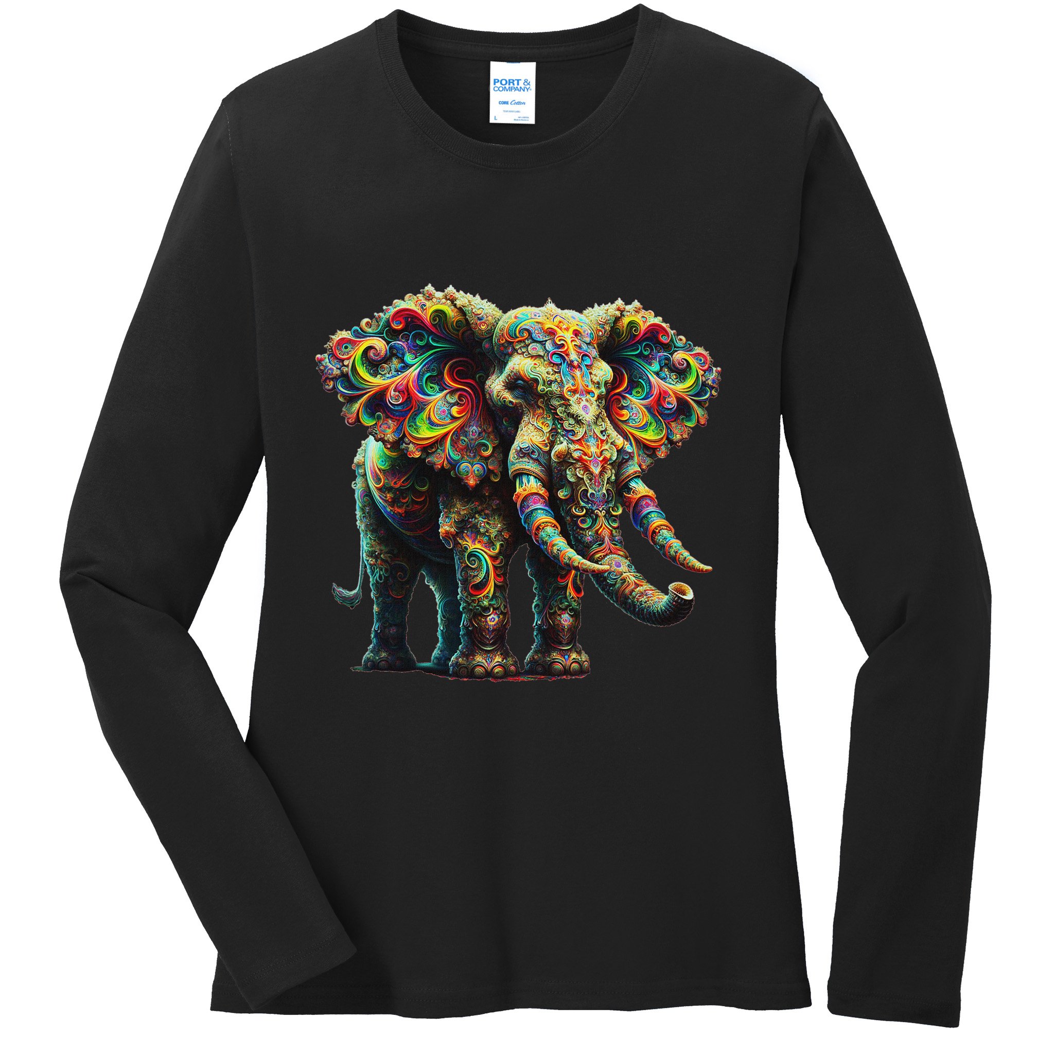 Fractal Elephant Spirit Animal Psychedelic Trippy Ladies Long Sleeve Shirt
