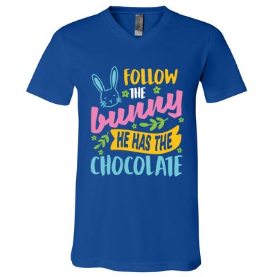 Funny Easter Sunday Dress Follow Bunny He Has Chocolate Gift V-Neck T-Shirt