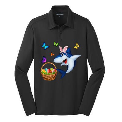 Funny Easter Shark Mommy Baby Daddy Easter Bunny Silk Touch Performance Long Sleeve Polo