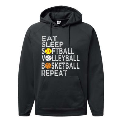 Funny Eat Sleep Softball Volleyball Basketball Performance Fleece Hoodie