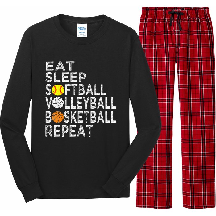 Funny Eat Sleep Softball Volleyball Basketball Long Sleeve Pajama Set