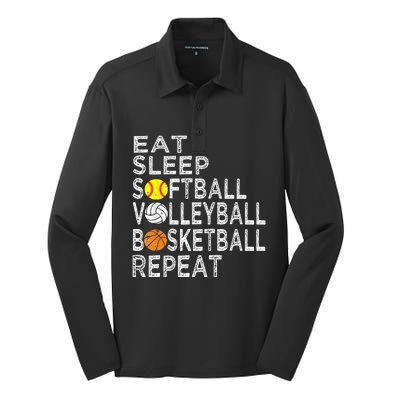 Funny Eat Sleep Softball Volleyball Basketball Silk Touch Performance Long Sleeve Polo