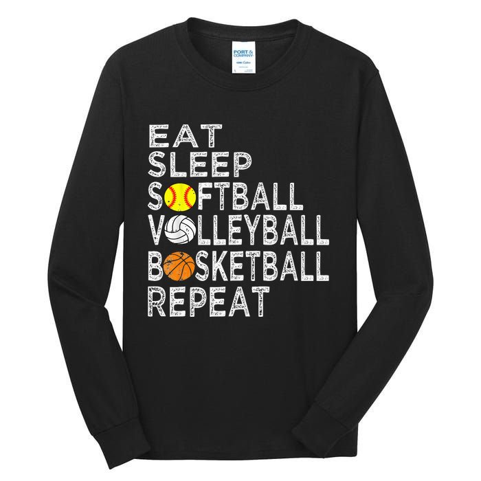 Funny Eat Sleep Softball Volleyball Basketball Tall Long Sleeve T-Shirt