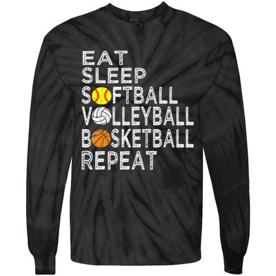 Funny Eat Sleep Softball Volleyball Basketball Tie-Dye Long Sleeve Shirt