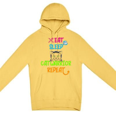 Funny Eat Sleep Cat Warrior Repeat Cool Cat Premium Pullover Hoodie