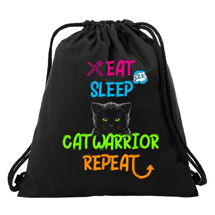 Funny Eat Sleep Cat Warrior Repeat Cool Cat Drawstring Bag