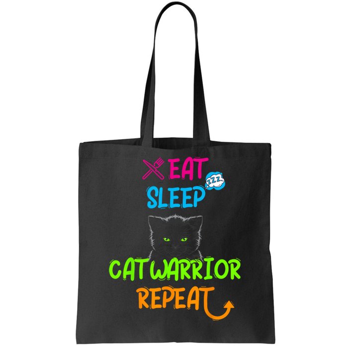 Funny Eat Sleep Cat Warrior Repeat Cool Cat Tote Bag