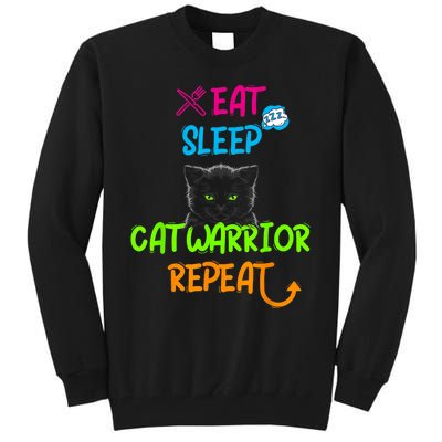 Funny Eat Sleep Cat Warrior Repeat Cool Cat Tall Sweatshirt