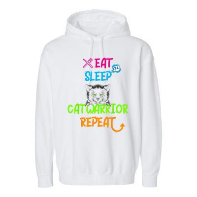 Funny Eat Sleep Cat Warrior Repeat Cool Cat Garment-Dyed Fleece Hoodie