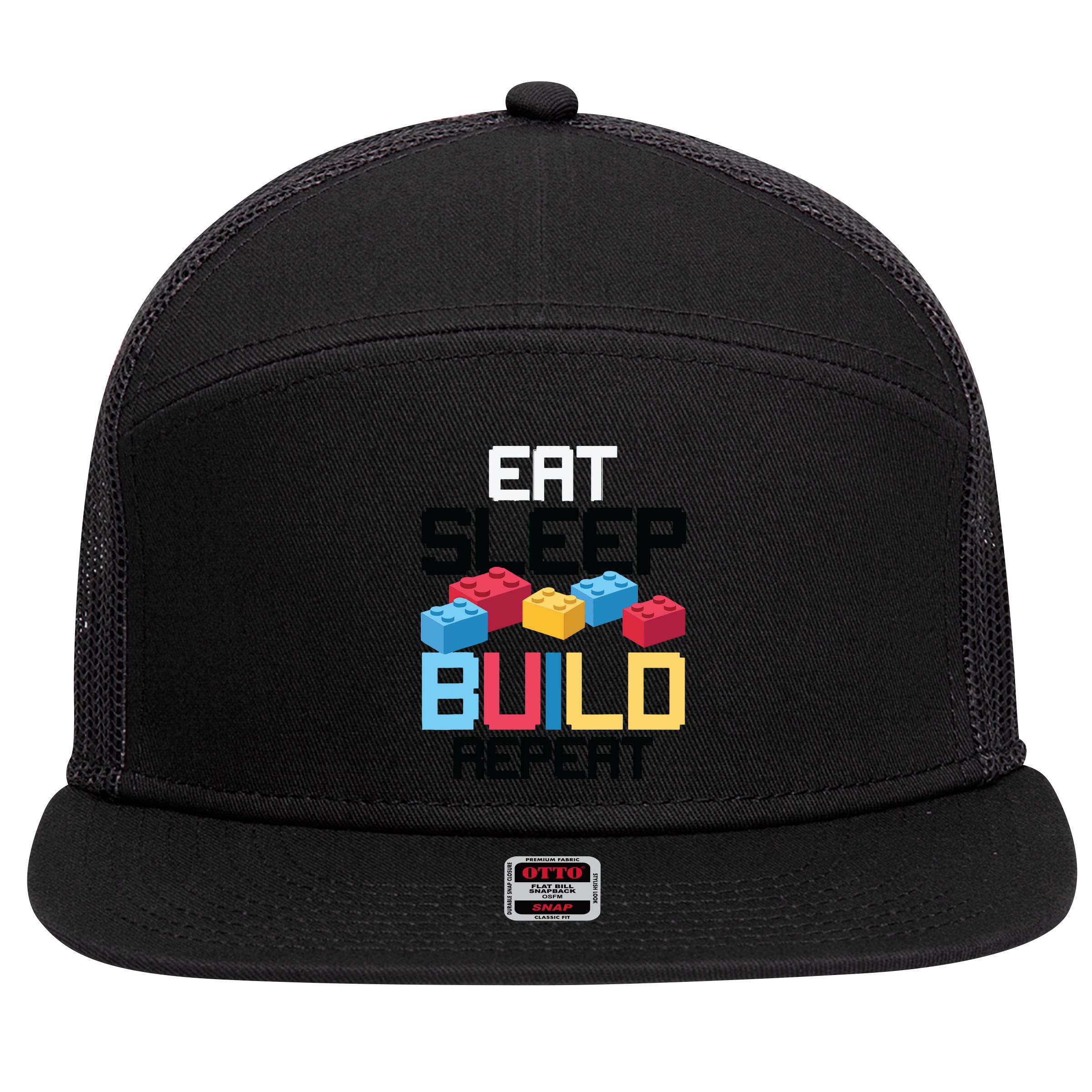 Funny Eat Sleep Build Gift Men Women Cool Blocks Building 7 Panel Mesh Trucker Snapback Hat