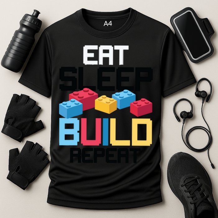 Funny Eat Sleep Build Gift Men Women Cool Blocks Building Cooling Performance Crew T-Shirt