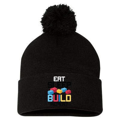 Funny Eat Sleep Build Gift Men Women Cool Blocks Building Pom Pom 12in Knit Beanie