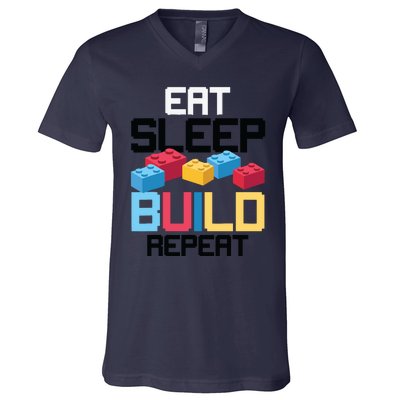 Funny Eat Sleep Build Gift Men Women Cool Blocks Building V-Neck T-Shirt