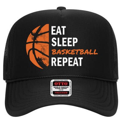 Funny Eat Sleep Basketball Repeat Sports High Crown Mesh Back Trucker Hat