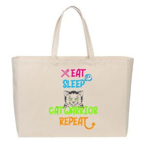 Funny Eat Sleep Cat Warrior Repeat Cool Cat Design Cotton Canvas Jumbo Tote