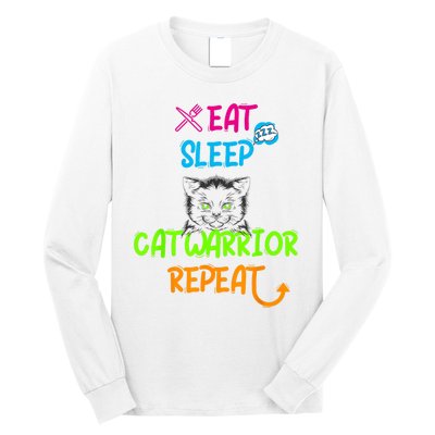 Funny Eat Sleep Cat Warrior Repeat Cool Cat Design Long Sleeve Shirt