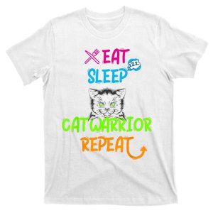 Funny Eat Sleep Cat Warrior Repeat Cool Cat Design T-Shirt