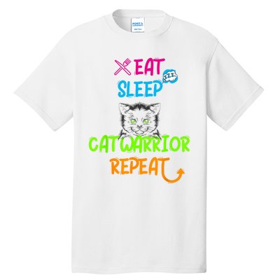 Funny Eat Sleep Cat Warrior Repeat Cool Cat Design Tall T-Shirt