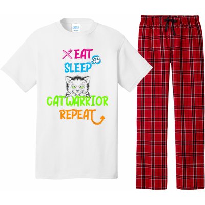 Funny Eat Sleep Cat Warrior Repeat Cool Cat Design Pajama Set