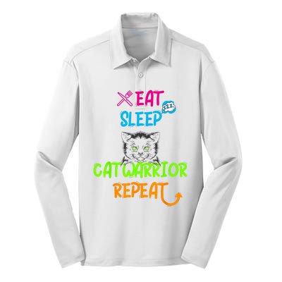 Funny Eat Sleep Cat Warrior Repeat Cool Cat Design Silk Touch Performance Long Sleeve Polo