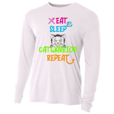 Funny Eat Sleep Cat Warrior Repeat Cool Cat Design Cooling Performance Long Sleeve Crew