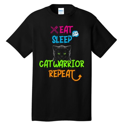 Funny Eat Sleep Cat Warrior Repeat Cool Cat Tall T-Shirt