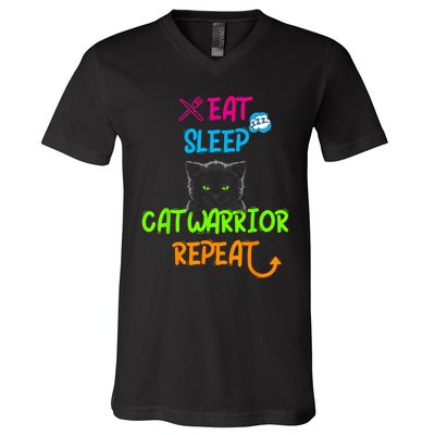 Funny Eat Sleep Cat Warrior Repeat Cool Cat V-Neck T-Shirt