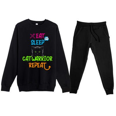 Funny Eat Sleep Cat Warrior Repeat Cool Cat Premium Crewneck Sweatsuit Set