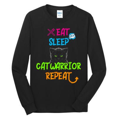 Funny Eat Sleep Cat Warrior Repeat Cool Cat Tall Long Sleeve T-Shirt