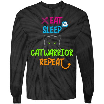 Funny Eat Sleep Cat Warrior Repeat Cool Cat Tie-Dye Long Sleeve Shirt