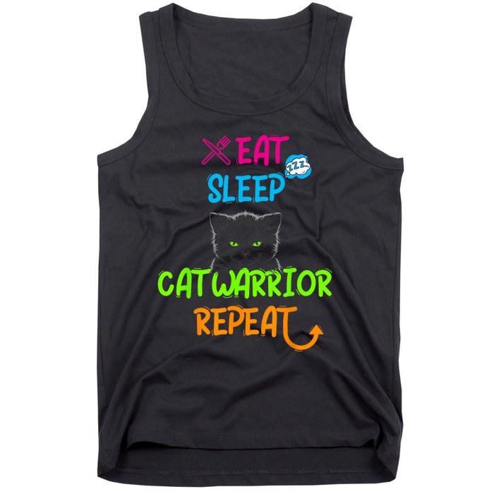 Funny Eat Sleep Cat Warrior Repeat Cool Cat Tank Top