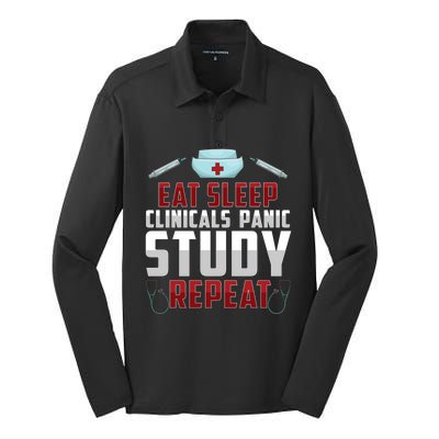 Funny Eat Sleep Clinicals Panic Study Repeat Nursing Student Gift Silk Touch Performance Long Sleeve Polo