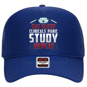 Funny Eat Sleep Clinicals Panic Study Repeat Nursing Student Gift High Crown Mesh Back Trucker Hat