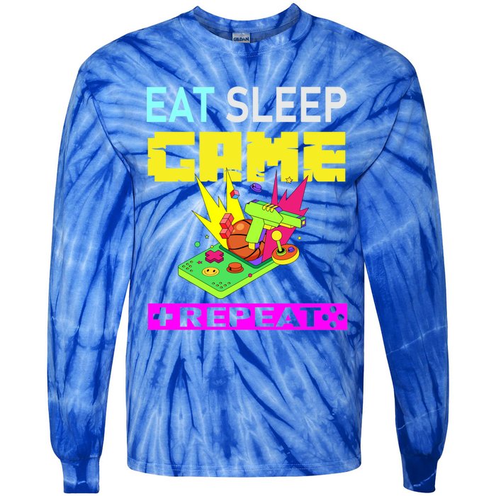 Funny Eat Sleep Game Repeat Design For Video Games Lovers Gift Tie-Dye Long Sleeve Shirt