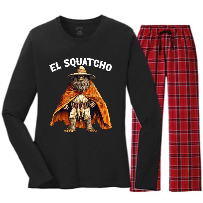 Funny El Squatcho Poncho Western Bigfoot Sasquatch Lover Women's Long Sleeve Flannel Pajama Set 