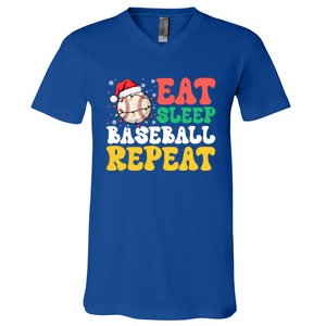 Funny Eat Sleep Baseball Repeat Christmas Snowflakes Xmas Cool Gift V-Neck T-Shirt