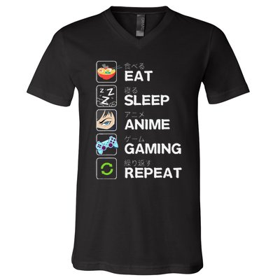 Funny Eat Sleep Anime Gaming Repeat Kawaii Otaku Gamer Anime Manga V-Neck T-Shirt