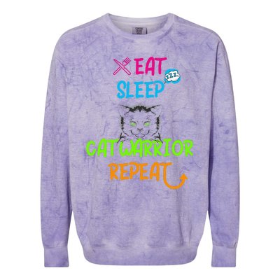 Funny Eat Sleep Cat Warrior Repeat Cool Cat Design Colorblast Crewneck Sweatshirt