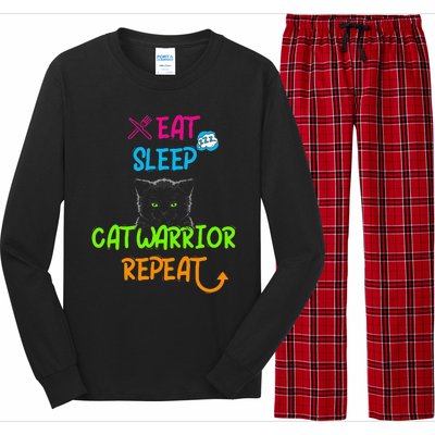 Funny Eat Sleep Cat Warrior Repeat Cool Cat Design Long Sleeve Pajama Set