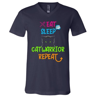 Funny Eat Sleep Cat Warrior Repeat Cool Cat Design V-Neck T-Shirt