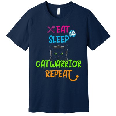 Funny Eat Sleep Cat Warrior Repeat Cool Cat Design Premium T-Shirt