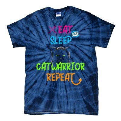 Funny Eat Sleep Cat Warrior Repeat Cool Cat Design Tie-Dye T-Shirt