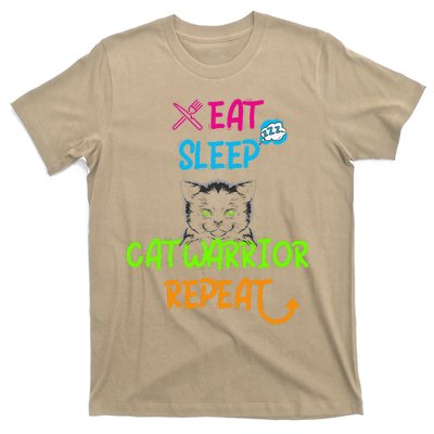 Funny Eat Sleep Cat Warrior Repeat Cool Cat Design T-Shirt