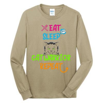 Funny Eat Sleep Cat Warrior Repeat Cool Cat Design Tall Long Sleeve T-Shirt